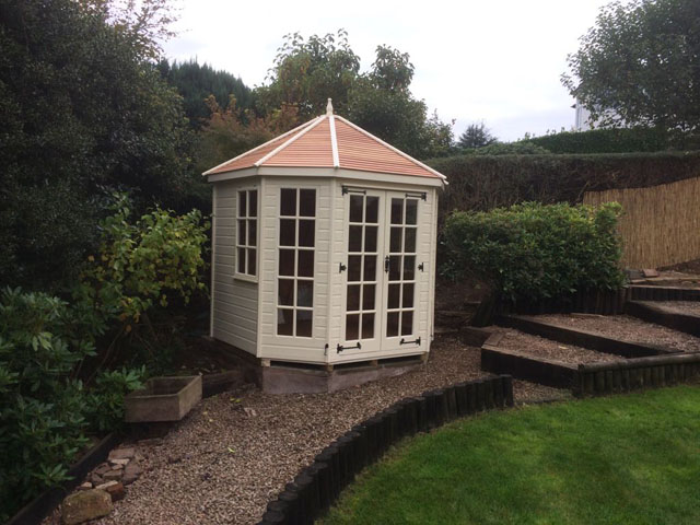 8' x8' Lichfield Summerhouse, Factory Painted, showing Cedar Roof (optional extra). Available from Taunton Sheds